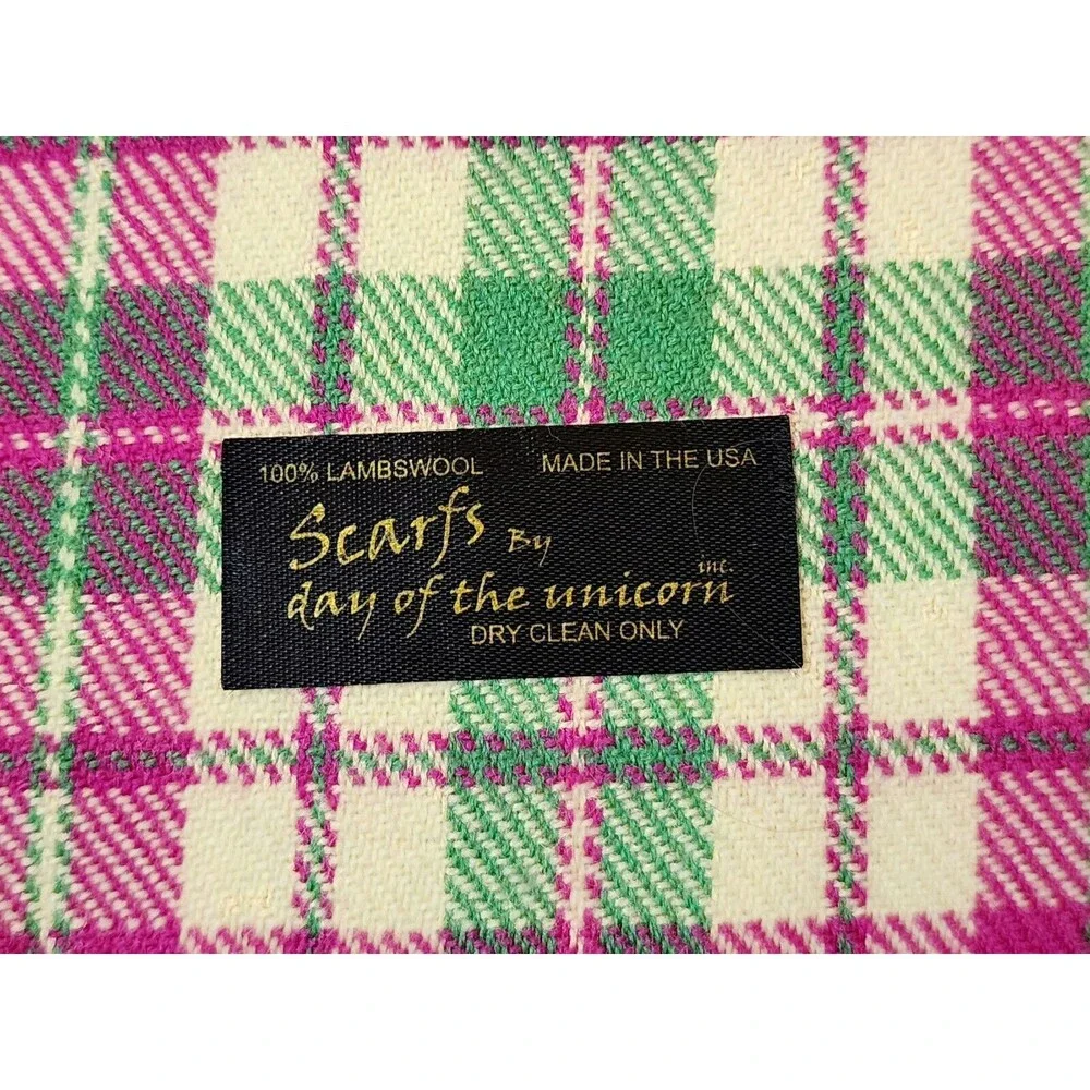 100% Lambswool Plaid Scarf Green Yellow Magenta USA Scarfs by Day of the Unicorn